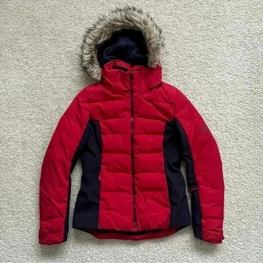 Salomon Stormcozy Jacket Coat Ski Snow Puffer Women Size XS Red/Blue Hooded $250
